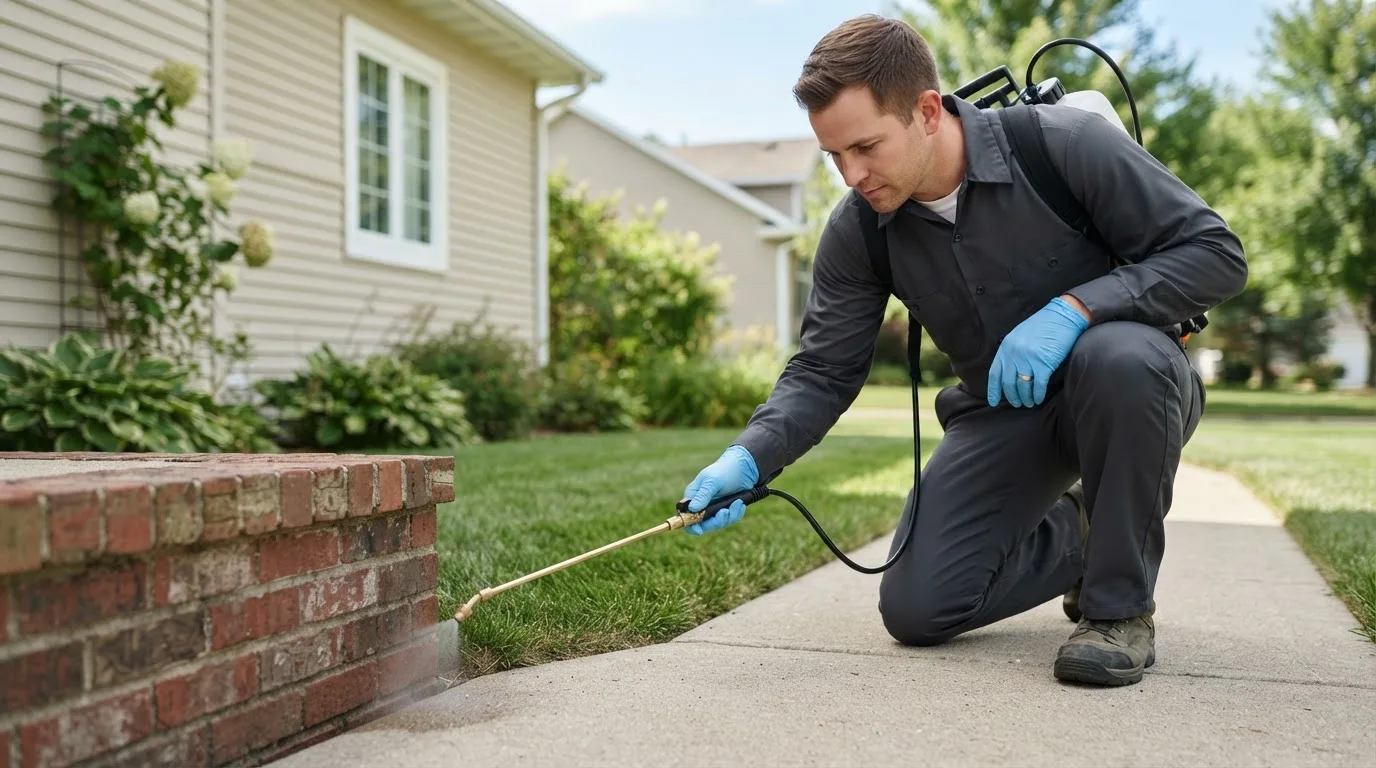 Pest control technician treating a home near Grelton, OH