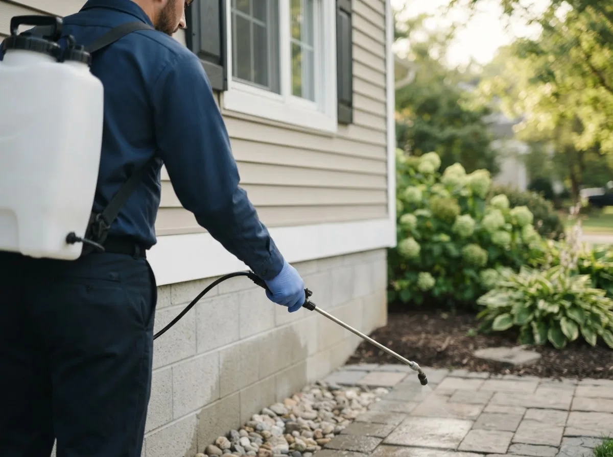 Pest control technician inspecting a home in Grelton, OH